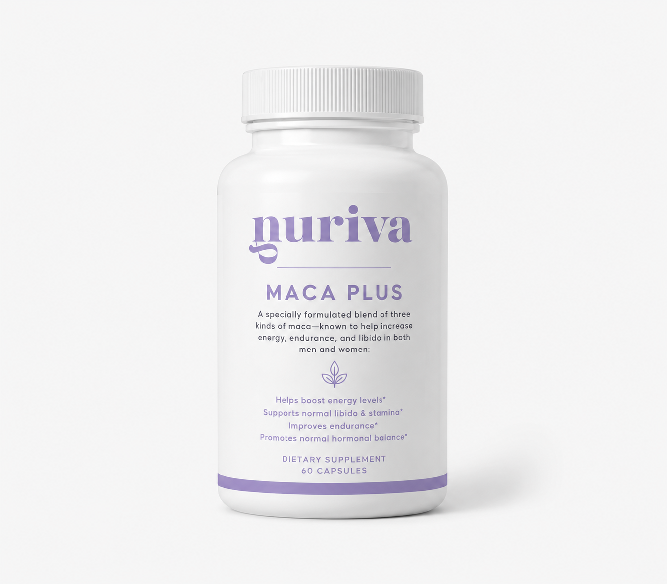 Nuriva Maca Plus supplement bottle, 60 capsules